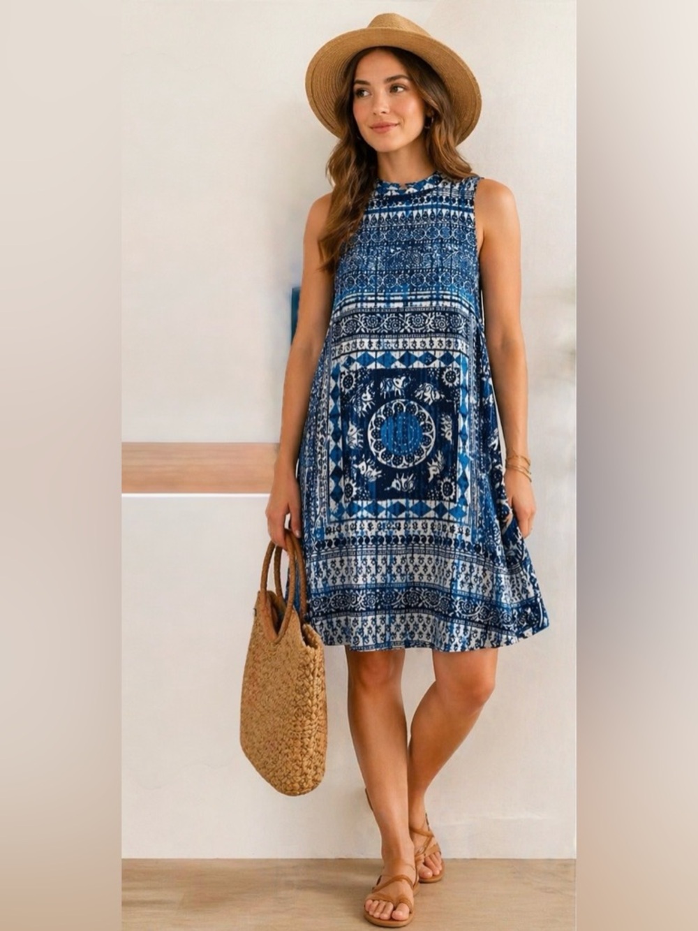 Love Tree Blue & White Printed Sleeveless Dress Size M | Flowy Rayon Boho Dress